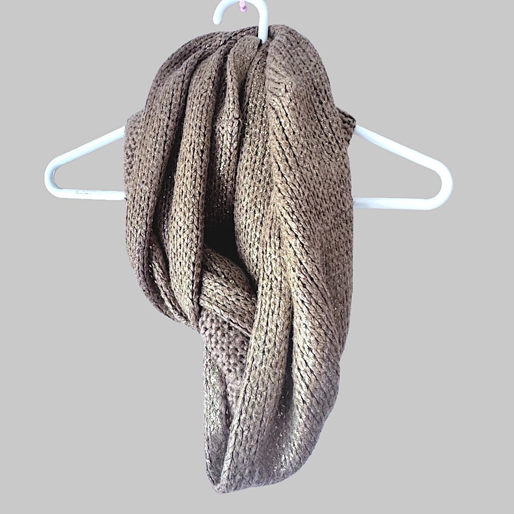 Tan infinity scarf‎ with gold metallic specs